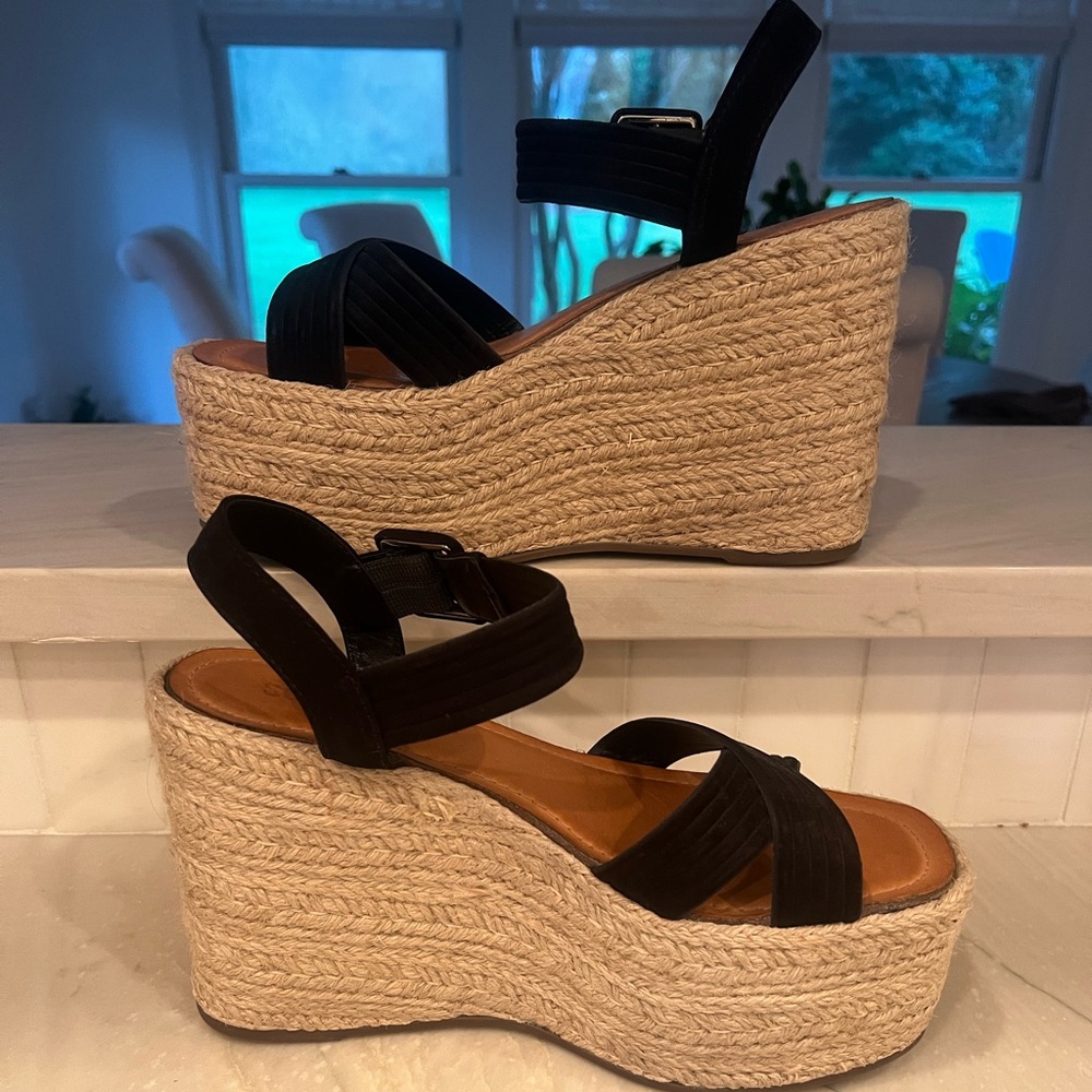 SCHUTZ Black and Tan Wedge Espadrilles